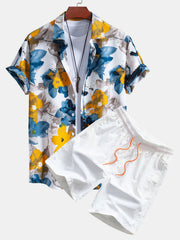 Tintenblaues Blumenmuster Hemd mit Knöpfen & Badeshorts – Cyan