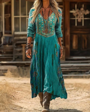 Damen Boho Blumen Langarm Kleid – Vintage Print Maxikleid – Grün