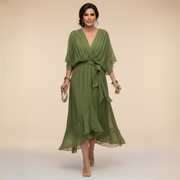 Elegantes, ausgestelltes Chiffon-Midikleid mit V-Ausschnitt und Gürtel für Damen – Perfektes Kleid für Hochzeitsgäste – Grün