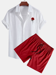 Leinenoptik Baumwollhemd mit rotem Rosen-Print und Knopfleiste & Swim Shorts – Rot