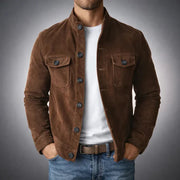 Herren Olivgrüne Wildleder Hemdjacke – Stilvolle Legere Oberbekleidung – Dunkelbraun