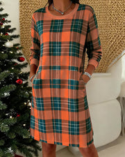 Nina | Damen Kleid kariert elegant & langärmlig – Orange