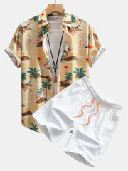 Flamingo-Lebensraum-Muster Hemd mit Knopfleiste und Shorts zum Schwimmen – Weiß