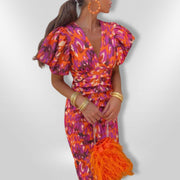 Elena | Auffälliges Halblanges Kleid mit Puffärmeln – Orange