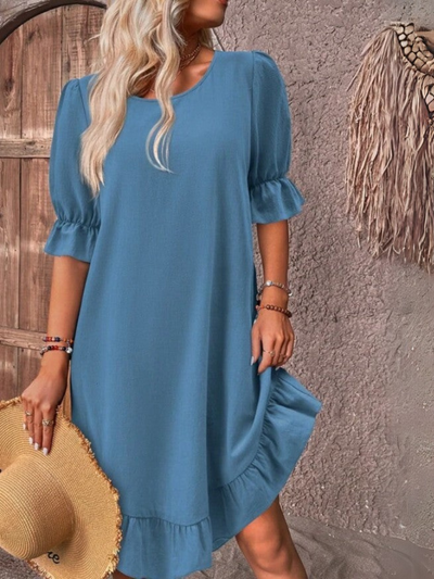 Damen-Midikleid aus Leinen mit Rüschen-Details und Rundhalsausschnitt