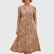 Harlotte | Damen Anmutiges V-Ausschnitt Eleganz Midikleid – V-Neck Midi 2026 – Beige