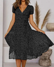 Mia | Damen Midi Kleid V-Ausschnitt Kurzarm A-Linie Sommerkleid – Schwarz