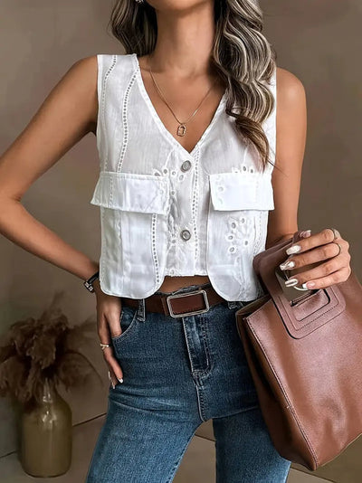 Brina | schicker sommer-cardigan mit blumenaugen und v-ausschnitt ohne armel