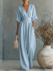 Solavie - Fließender weitbeiniger Jumpsuit – Blau