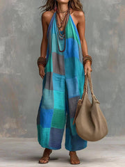 Estelina - Premium Patchwork-Neckholder-Jumpsuit – Blau