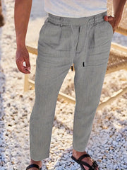 Herren Weit Geschnittene Leinenhose – Freizeit Sommerhose Mit Kordelzug – Grau