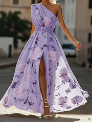 Julie | hellgrünes Blumenmuster-Chiffon-Maxikleid mit Ein-Schulter-Design – Lila