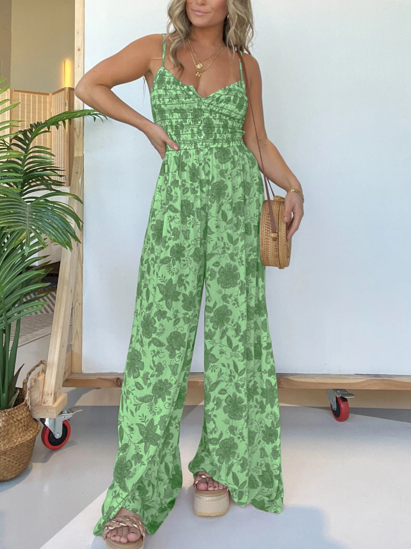 Jumpsuit mit Spaghettiträgern | Smock-Oberteil | Florales Design