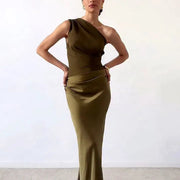 Ein-Schulter-Maxikleid mit Falten für Damen – Dunkelgrün