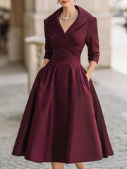Satin-Midi-Kleid für Damen | A-Linie mit Schalkragen – Weinrot