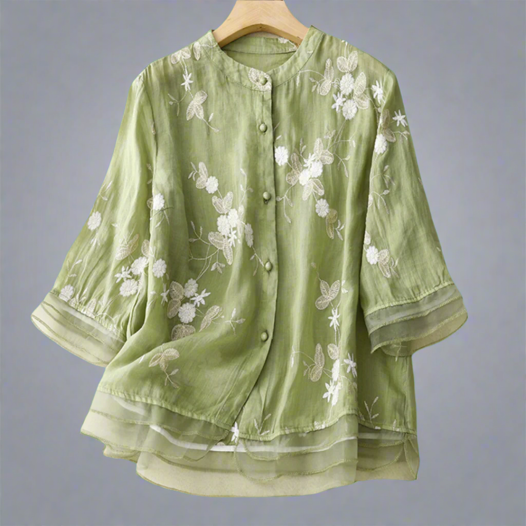 Roswitha | Baumwolltop mit floralem Rand aus hochwertigem Material für den Frühling