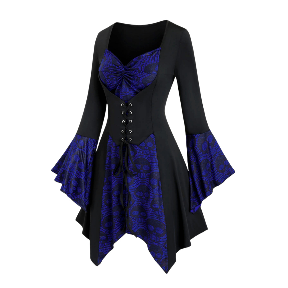 Damen Gothic Halloween-Kleid mit Spitze | Midi-Länge und Trompetenärmeln