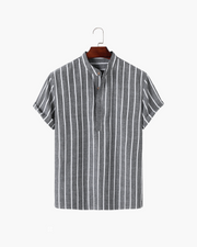 Charles | Gestreiftes Herren-Sommer Leinenhemd mit Stehkragen – Grau