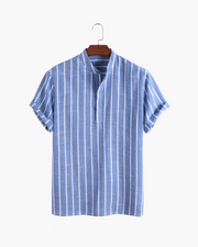 Charles | Gestreiftes Herren-Sommer Leinenhemd mit Stehkragen – Blau