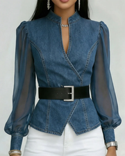 VESSA / JEANS-TOP MIT LEICHTEN CHIFFONÄRMELN – Hellblau (Bestseller)