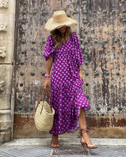 Midi-Kleid für Damen mit Puffärmeln und Stufenschnitt – Lila