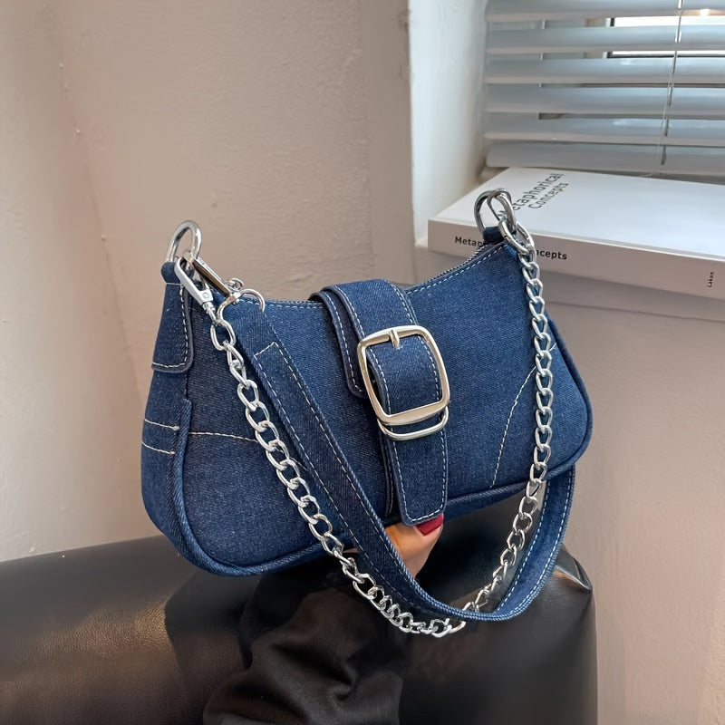 Schultertasche aus Denim | Kette & Schnalle | Lässig & Urban