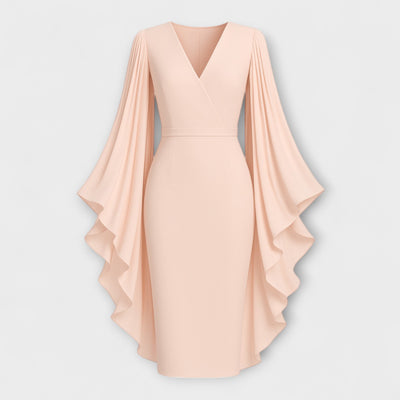 Rachel - Hellrosa Midi-Kleid mit V-Ausschnitt und Chiffon-Ärmel