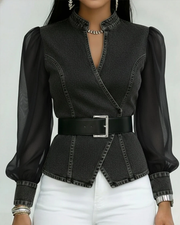 VESSA / JEANS-TOP MIT LEICHTEN CHIFFONÄRMELN – Schwarz