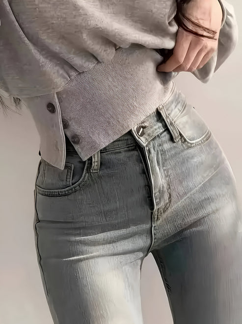 Letia - lässiger luxus elegantes t-shirt in uni mit knopfdetail