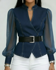VESSA / JEANS-TOP MIT LEICHTEN CHIFFONÄRMELN – Dunkelblau