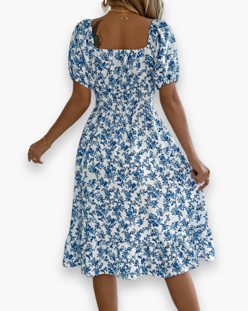 Damen Romantisches Shirred Midi Kleid | Blumenmuster