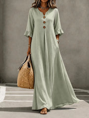 Vesperelle - Bedrucktes Soft-Touch-Maxikleid mit V-Ausschnitt – Matcha-Farbe