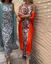 Sophia - Damen Maxikleid mit Design – Orange
