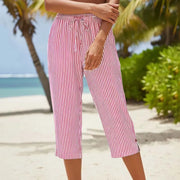 Roselina - Gestreifte Caprihose mit Kordelzug – Rosa