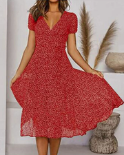 Mia | Damen Midi Kleid V-Ausschnitt Kurzarm A-Linie Sommerkleid – Rot