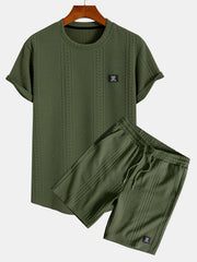 Kurzärmeliges geometrisches Jacquard-T-Shirt mit abgerundetem Saum & Shorts – Dunkelgrün