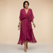 Elegantes, ausgestelltes Chiffon-Midikleid mit V-Ausschnitt und Gürtel für Damen – Perfektes Kleid für Hochzeitsgäste – Burgund