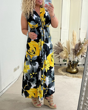 Bless | Damen Maxi Kleid Ärmellos Blumendruck V-Ausschnitt Sommer – Gelb