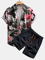 Flamingo-Blumenmuster Hemd mit Knopfleiste und Shorts zum Schwimmen – Schwarz