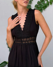 Damen Ärmelloses Maxikleid Mit Spitzen Details – Schwarz