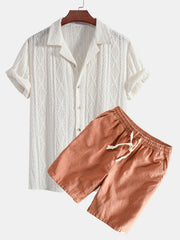Geometrisches Jacquard Eyelet Cuban Hemd & Shorts aus Leinen-Baumwoll-Mischung – Orange