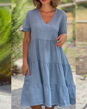 Damenkleid V Ausschnitt mit Raffungen – Blau