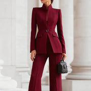 Dames Blazer Broekpak Tweedelig Set – Bordeauxrot
