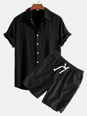 Hemd aus Leinen-Viskose-Mischung mit Knöpfen & Shorts aus Leinen-Baumwoll-Mischung mit Kordelzug – Schwarz