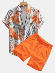 Hemd mit Blumenpflanzenmuster und Knopfleiste sowie Shorts zum Schwimmen – Orange