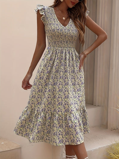 Rougefarbenes blumen midikleid - Vanessa