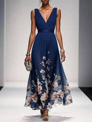 Rose | Hellblaues Blumenmuster-Chiffon-V-Ausschnitt-Maxikleid – Marineblau