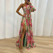Damen Eine Schulter Plissiertes Blumen Kleid – Rot - Grün