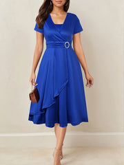 Nora | V-Ausschnitt Midikleid Asymmetrischer Saum – Blau
