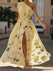 Julie | hellgrünes Blumenmuster-Chiffon-Maxikleid mit Ein-Schulter-Design – Gelb